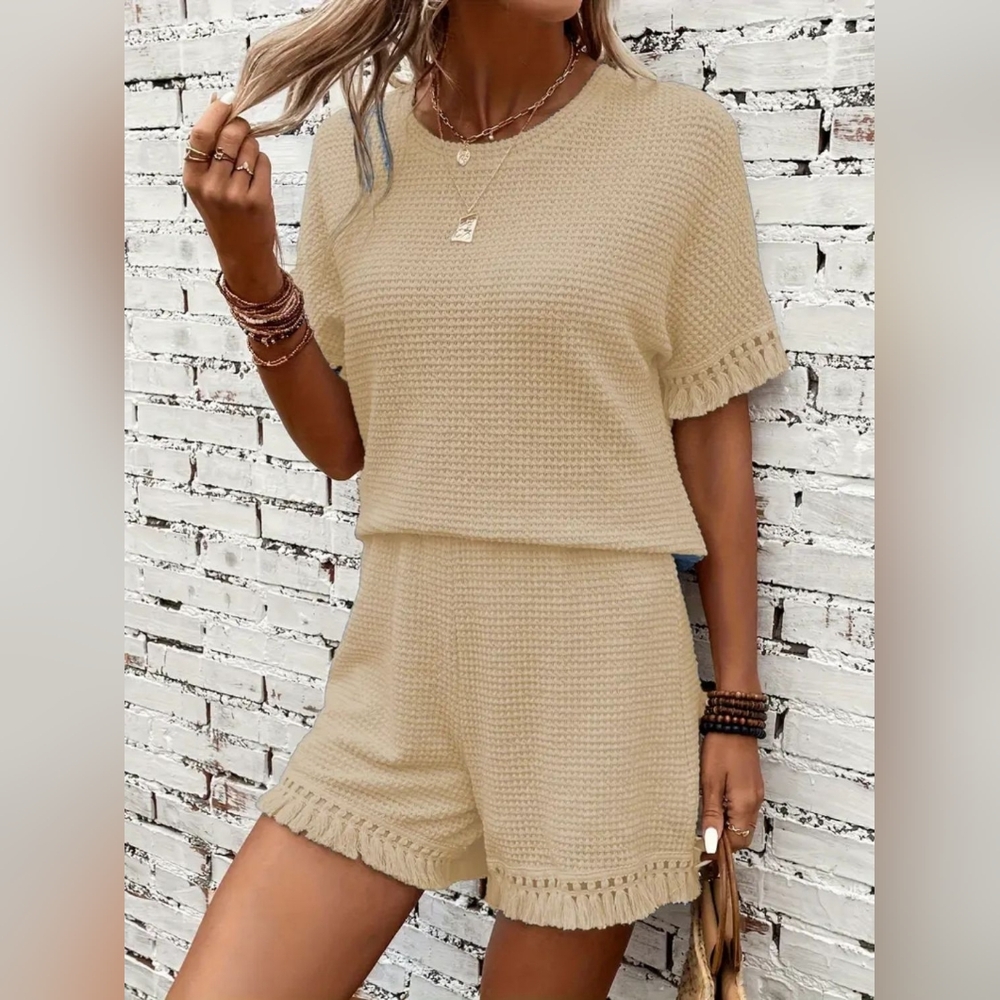 Women's Full Size Beige Waffle Knit Two-Piece Set - Picture 5 of 9
